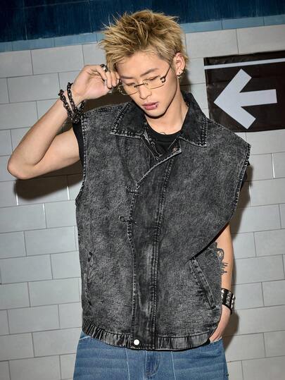 ROMWE MEN Street Life Spring/Summer Casual Graphic Men'S Fashion Airplane Buckle Denim Vest Jacket