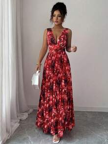 Elenzga 无袖V领露腰镂空A字褶皱花卉优雅浪漫女装 - 彩色 - 查看 4