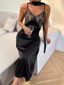 Livesso Spring Lace Ribbon Splice Elegant Party Bridesmaid Wedding Guest Cocktail Beach Midi Dress For Women Summer Sundress - Black - View 6