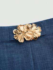 SHEIN Unity Plus Size Women's Elegant Dark Blue,Autumn,Smart Casual,Office Pants,Denim-Effect Linen Fabric,Metal Buckle Decor,High Waisted Pleated Wide Leg Design - Blue - View 11