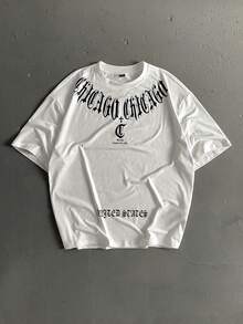 Camiseta de manga corta casual y holgada con estampado de letras para hombre, estilo veraniego de los 2000 - Blanco - Ver 8
