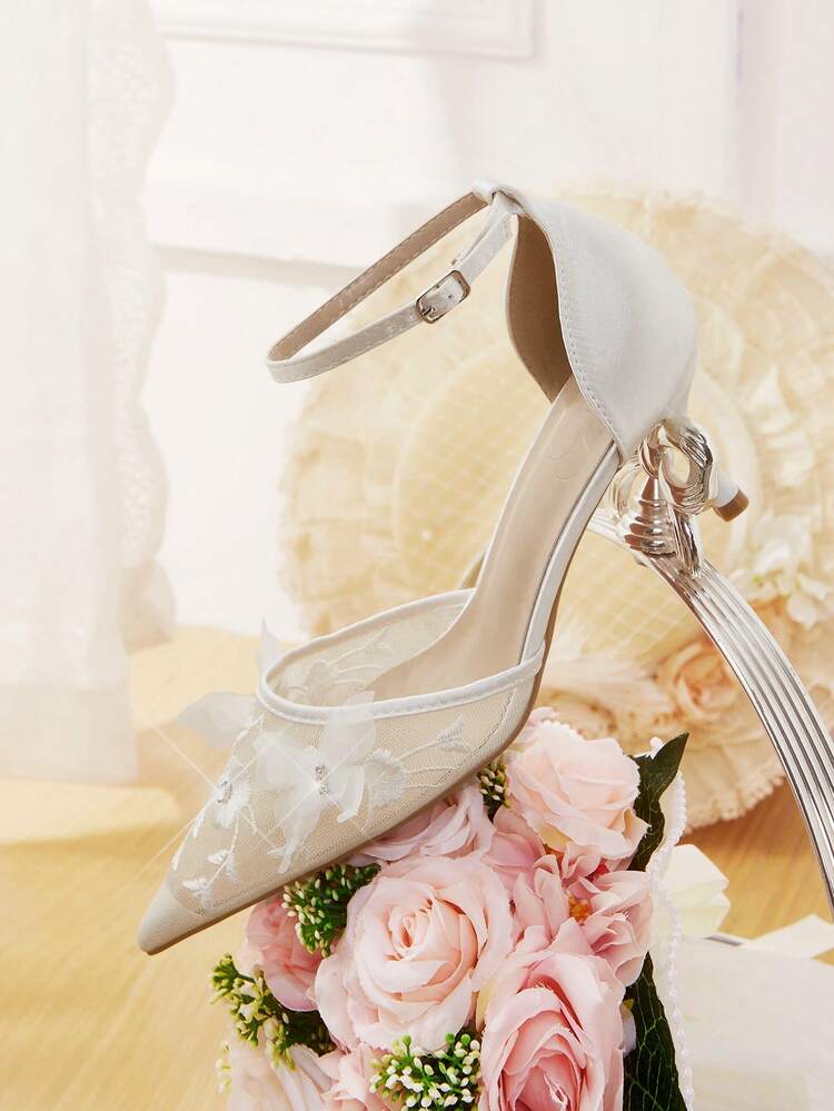 CUCCOO HITCHD Women Shoes Four Seasons New Embroidery Butterfly Type Flower Point Thin Heel High Heel Shoes Elegant Sexy Mesh Women's High Heel Shoes Rear Foot Wristband High Heel Shoes Sexy Elegant Fashion Wedding Valentine's Day Afternoon Tea Elegant Wear Valentine's Day Elegant Shoes Wedding Shoes Summer Shoes Bride Shoes
