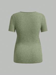 SHEIN Maternity & Nursing Casual Ribbed Crew Neck Short Sleeve Top, Summer - Green - View 15