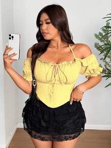 SHEIN LUNE Plus Size Women Summer Vacation Simple Solid Color Frill Trim Front Knot Halter Fitted Blouse - Yellow - View 2