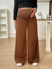 SHEIN Maternity Solid Color Loose High Waist Adjustable Waistband Simple Design Pants - Rust Brown - View 6