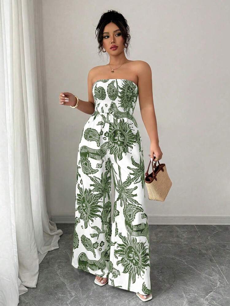 Elenzga Mono de mujer con estampado, cintura ceñida y pierna ancha, elegante para vacaciones, viajes y uso diario - Verde militar - Añade 6