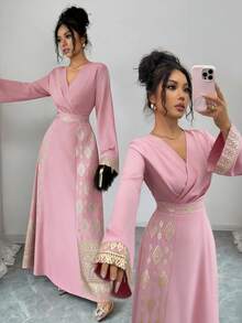 Rafferiza Đầm maxi chiffon xếp ly cổ vuông thanh lịch, họa tiết hoa lá đen và vàng ánh kim, duyên dáng và lãng mạn, trang phục mùa xuân/thu dành cho nữ. - Hồng - Xem 7