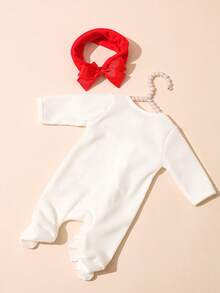 SHEIN 可爱女婴刺绣连体衣，荷叶边装饰，带红色蝴蝶结发带，适合新生儿摄影，情人节宝宝服装 - 彩色 - 查看 2