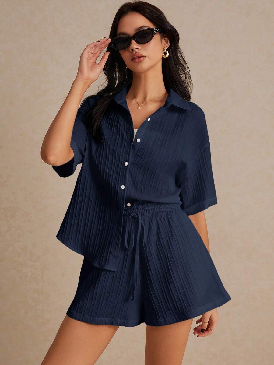 Poéselle Summer Two Pieces Set, Beach Two Pieces Set, Fabric, Striped Fabric, Cuffed Sleeves, Shorts With Side Pockets, Suitable For Vacation, Loose Loose Shirt Set, Wedding Season Navy Blue Short Set Women Short Sleeve Short Set Short And Shirt Set Women Short Sets For Women Vacation Casual Short Set Two Pieces Short Set Women's Short Sets Matching Short Sets - Navy Blue - View 1