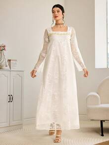 Al Najma 女士优雅方领长袖阿拉伯风格连衣裙 - 粉色 - 查看 4