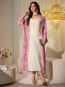 Modelyn Women's Elegant Chiffon Printed Jacket And Beige Washed Pleated Camisole Dress, Spring/Summer - Multicolor - View 5