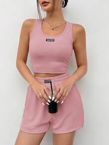 SHEIN EZwear 女款粉色針織無袖休閒運動背心套裝，夏季兩件式短褲套裝，舒適羅紋短褲套裝 - 粉色 - View 4