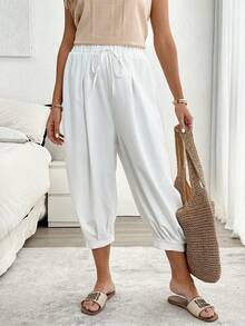 Louniche Calça Casual Solta Feminina, Design de Cintura Elástica e Amarração no Tornozelo, Estilo Relaxado e Versátil de Cor Sólida, Adequada para Uso Diário, Transporte e Uso Doméstico no Verão - Bege - Visão 7