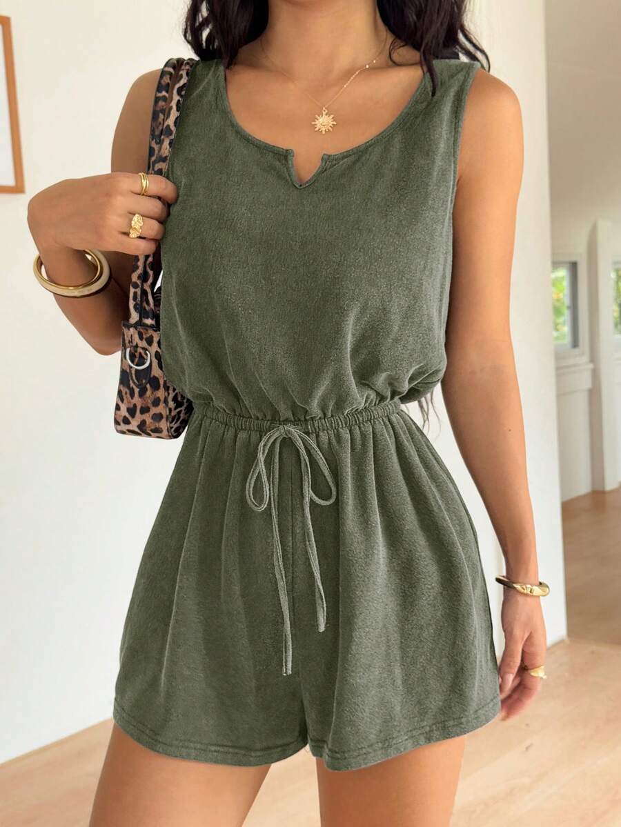 SHEIN EZwear 夏季橄榄绿做旧雪花针织弹力连体裤 女式连体裤 绿色连体裤 女士休闲连体裤 短款连体裤 连体裤 短款连衣裙连体裤 夏季连体裤 女士休闲装 女士春季装 女士连体裤 夏季女装 夏季服装 - 軍綠色 - 查看 1