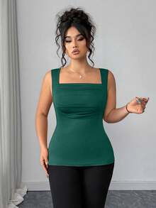 Elenzga Plus Size Women's Fashionable Solid Color Square Neck Camisole Top - Dark Green - View 4