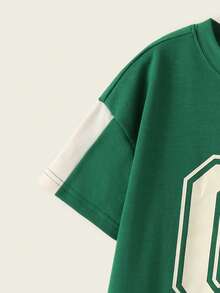 Casuvi Kids 儿童女童休闲宽松圆领短袖落肩字母印花连衣裙，复古美式风格，夏季新品 - 墨綠色 - 查看 6