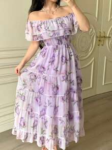 DAZY Women's Elegant Floral Ruffle Hem Strapless Mid-Length Dress, Summer Wedding Guest Dress - Purple - View 7