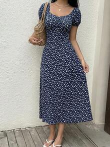 Flirla Đầm Maxi Tay Ngắn Cổ Vuông In Hoa Màu Xanh Navy Tay Phồng Thẳng Ngắn Cho Nữ - Màu xanh hải quân - Xem 4
