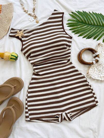 Soleia Mono corto de mujer casual y sexy para vacaciones, con hombros asimétricos, decoración metálica de estrella de mar, a rayas, ajustado, adecuado para playa, crucero, vacaciones en la ciudad, festival de música, estilo bohemio