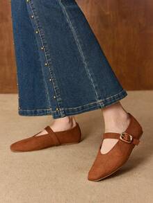 MOTF PREMIUM WOMEN'S COMMUTING CASUAL COMFORTABLE VERSATILE MARY JANE SQUARE TOE FLAT SHOES VALENTINE'S DAY - Tan - View 5