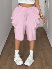 Maweii Plus Size Women Pink Draped Wide Leg Shorts - Pink - View 6