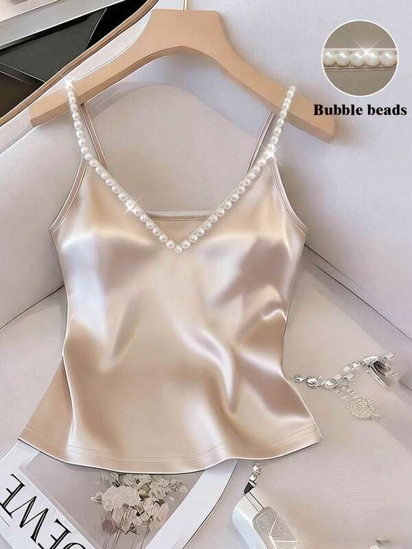 Franclia New Women's Elegant And Fashionable Satin Pearl Camisole Vest, Suitable For Commuting, Parties And Various Events, Summer Vest, Light-Colored Vest, White Top, Women's Elegant Vest, Summer Top, Women's Summer Outfit, Women's Elegant Top, Party Top, Elegant Top Pearl Strap Top Beaded Top Nude Top Silk Camisole Satin Top Camisole Tops For Women Pearl Camisole Top Womens Tops For Summer