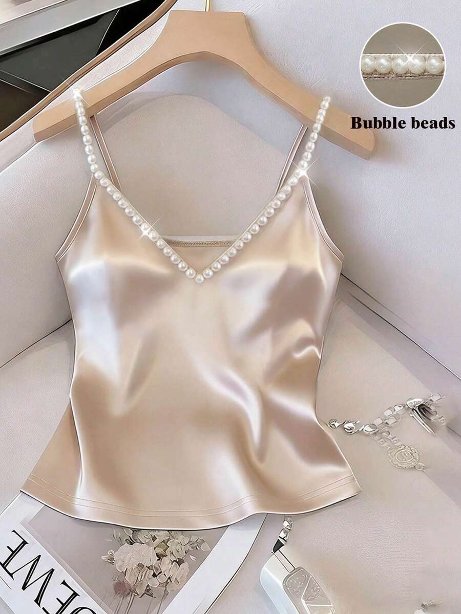 Franclia 新款女士优雅时尚缎面珍珠吊带背心，适合通勤、派对及各种场合，夏季背心，浅色背心，白色上衣，女士优雅背心，夏季上衣，女士夏季服装，女士优雅上衣，派对上衣，优雅上衣，珍珠吊带上衣，串珠上衣，裸色上衣，丝绸吊带背心，缎面上衣，女士吊带背心，珍珠吊带背心，女士夏季上衣，缎面吊带背心，珍珠吊带背心，V领吊带背心，优雅吊带背心 - 杏色 - 查看 1