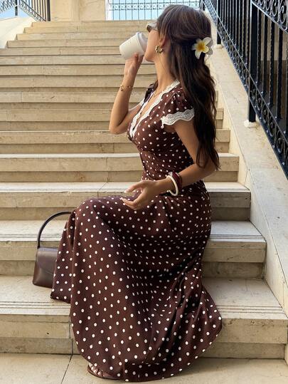 Pariaura Vintage French Wine Red Satin Dress Women, Lace V-Neck Waist Midi Dress, Elegant Tea Length Dress With Vacation Vibe