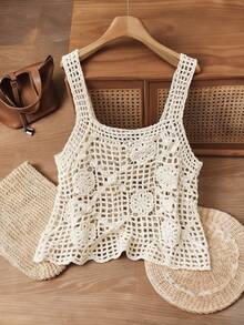 Selianne Blusa de unicolor, hueca, casual y versátil para uso diario, primavera/verano - Caqui - Ver 2