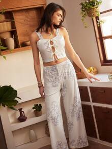 波西米亚风印花吊带睡衣套装 - 白色 - 查看 5