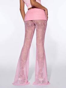 Sweetina Sexy Foldover Waist Lace Sheer Elegant Flare Pants - Baby Pink - View 2