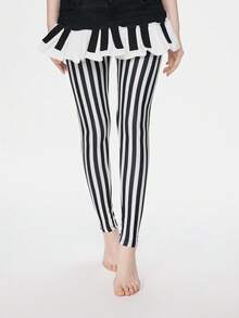 ROMWE Grunge Punk 1 件朋克风竖条纹印花连裤袜，Y2K 黑白打底裤，性感透气超薄网眼弹力肉感长筒袜，四季皆宜的经典款紧身裤 - 黑與白 - 查看 5