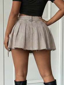 SHEIN ICON 女士腰带设计褶皱休闲百搭日常牛仔迷你裙 - 棕色 - 查看 2