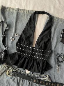 Attitoon 女士复古性感Y2K音乐节朋克露背吊带上衣 - 灰色 - 查看 3