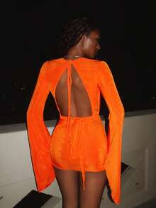 SHEIN DivaQ Đầm nữ thời trang màu cam cổ khoét sâu tay xòe mỏng - trái cam - Xem 2