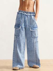 Bohemela 大码女式休闲破洞阔腿牛仔裤 - 淺色水洗藍 - 查看 4