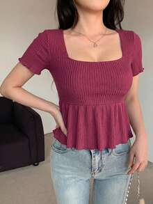 DAZY 女士方领纹理面料A字T恤娃娃衫 - 中紫紅色 - 查看 5
