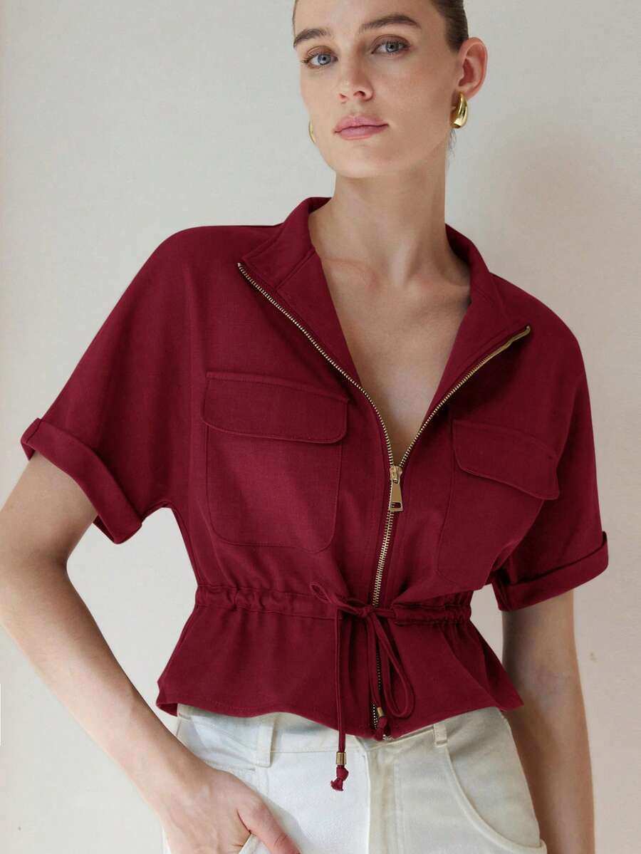 Aveloria Modichic Fashionable Short Utility Shirt, With Two Symmetrical Chest Pockets, Cinched Waist Design, Overall Neat And Practical - Red Violet - View 1