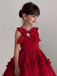 SHEIN Elegant Red Satin Traditional Wedding Dress For Girls,Sleeveless 3D Floral Jacquard Party Frock With Rhinestone Bow And Tiered Ruffle Hem For Toddler - Blue and White - View 3