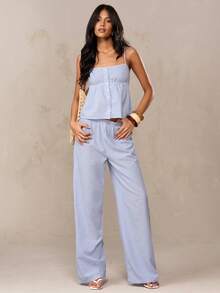 SHEIN BAE Blue & White Striped Casual Commuter Daily Cute Lapel Camisole Top And Low Waist Elastic Waist Striped Wide Leg Pants Set, Suitable For Back To School, Outing, Cute Set, Striped Set, Summer Set, Casual Set, Brunch Set,Blue Two-Piece Set, Vacation Two-Piece Set, Summer Two-Piece Set, Casual Two-Piece Set, Cruise Two-Piece Set, Beach Vacation Two-Piece Set, Blue Striped Two-Piece Set, Holiday Two-Piece Set. - Blue and White - View 1