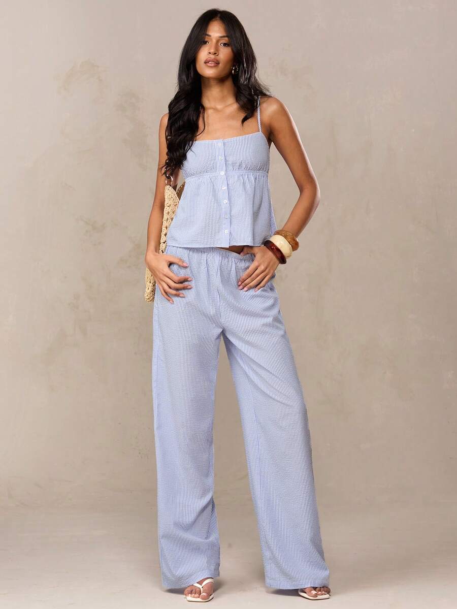 SHEIN BAE Blue & White Striped Casual Commuter Daily Cute Lapel Camisole Top And Low Waist Elastic Waist Striped Wide Leg Pants Set, Suitable For Back To School, Outing, Cute Set, Striped Set, Summer Set, Casual Set, Brunch Set,Blue Two-Piece Set, Vacation Two-Piece Set, Summer Two-Piece Set, Casual Two-Piece Set, Cruise Two-Piece Set, Beach Vacation Two-Piece Set, Blue Striped Two-Piece Set, Holiday Two-Piece Set. - Blue and White - View 1