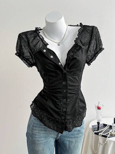 Elamini Áo sơ mi cotton chiffon họa tiết chấm bi phong cách retro Mỹ gợi cảm, ôm dáng, cài cúc, thời trang và đa năng cho mùa hè dành cho nữ.