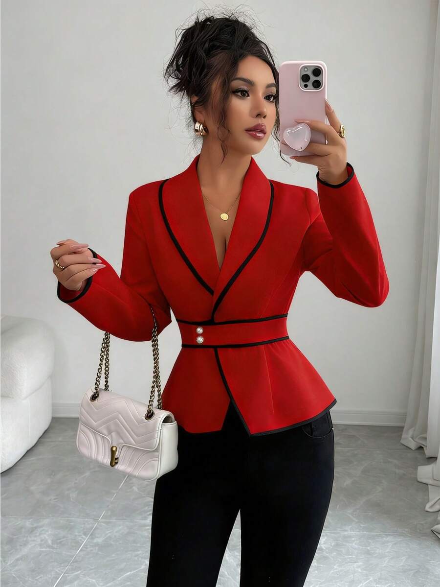 Rafferiza Kemeja Wanita Lengan Panjang Pas Badan dengan Kerah Syal dan Trim Kontras, Cocok untuk Kerja dan Perjalanan, Musim Semi/Gugur - Merah - View 1