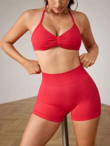Menodora SHEIN Sport Mneodora Women's Solid Color Pleated Halter Top And High Waist Shorts 2in1 Set,Red Sports Bra&Shorts Pole Dance Outfit,Casual Daily Workout Underwear - Hot Pink - View 6