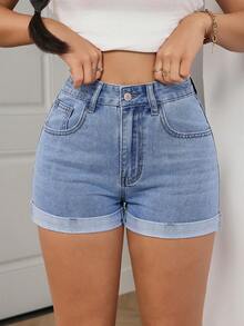 SHEIN PETITE Women's Casual Everyday Pocketed Button Denim Shorts - Blue - View 3
