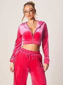 Missguided x Playboy Pink Velour Rhinestone Zip Front Crop Hoodie Long Sleeve Casual Top Fall Winter Comfort - Hot Pink - View 4