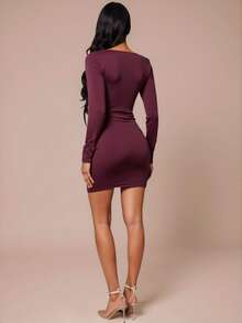 Glamine Đầm ngắn tay dài cổ tàu màu hồng hoa hồng quyến rũ, thanh lịch, thích hợp cho các lễ hội âm nhạc, hòa nhạc, câu lạc bộ, hẹn hò, sinh nhật nữ, thu đông, dự tiệc, Valentine, tiệc cưới, trang phục cho năm mới. - Màu hồng gỉ - Xem 2