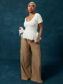 Vixey Fringe Hem Rib Knit Short Sleeve Peplum Top - Beige - View 1