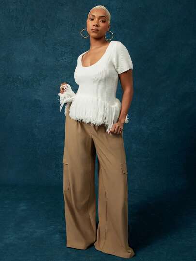 Vixey Fringe Hem Rib Knit Short Sleeve Peplum Top