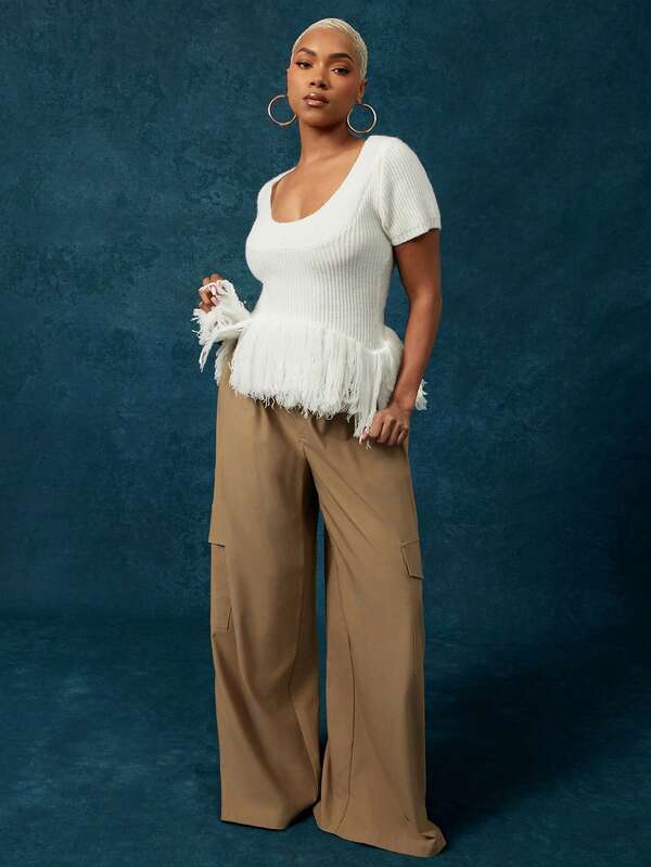 Vixey Fringe Hem Rib Knit Short Sleeve Peplum Top